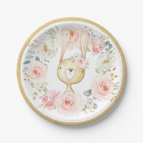 Blush Pink Gold Floral Woodland Bunny Rabbit Baby Paper Plates