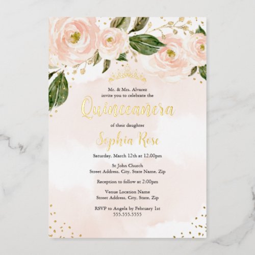 Blush Pink Gold Flower Tiara Quinceanera  Foil Invitation