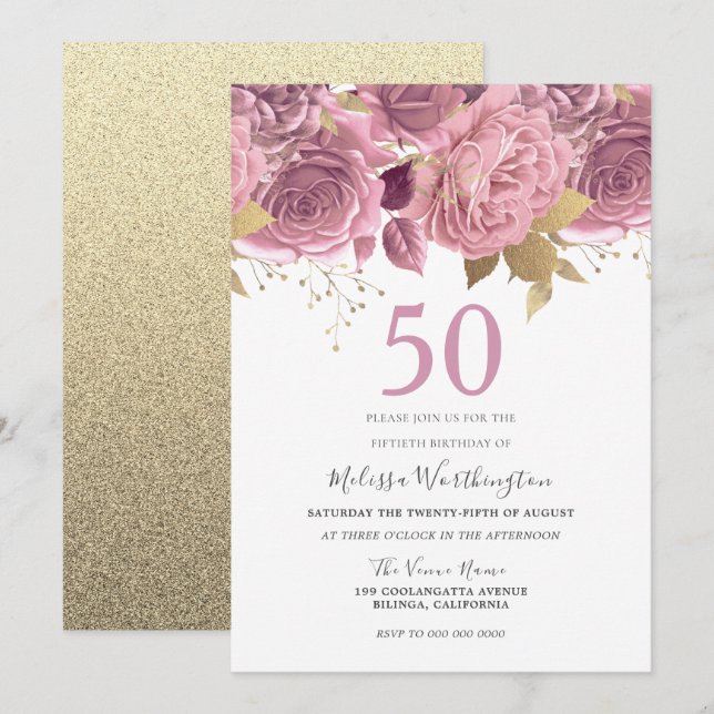 Blush Pink Gold Flowers 50th Birthday Party Invitation (Front/Back)