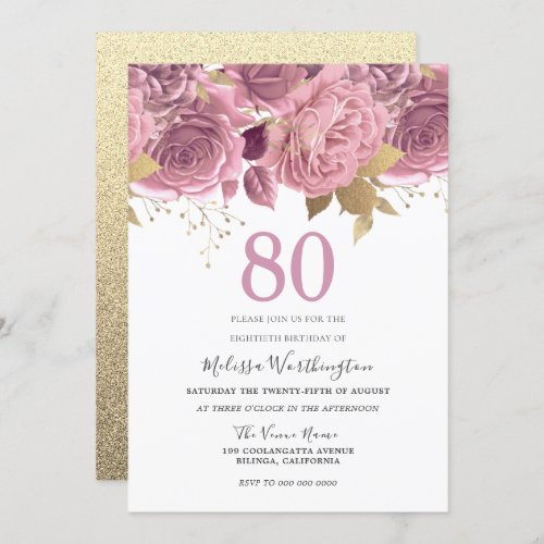 Blush Pink Gold Flowers 80th Birthday Party Invitation