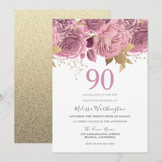 Blush Pink Gold Flowers 90th Birthday Party Invitation (Front/Back)