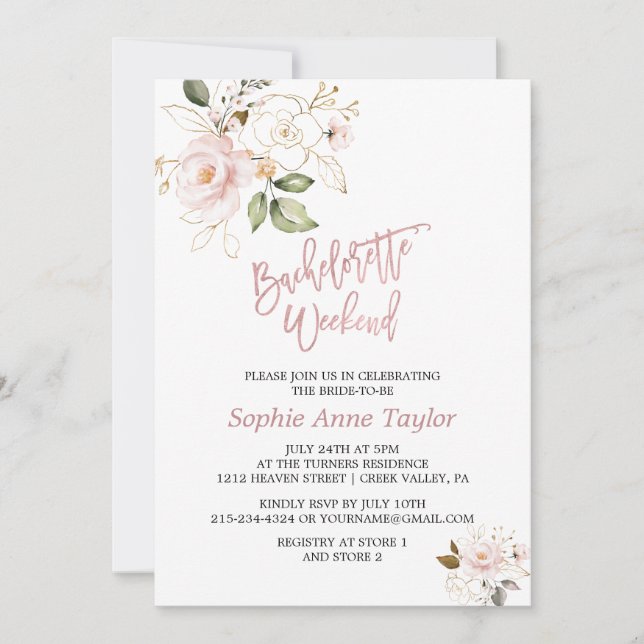 Blush Pink Gold Flowers Bachelorette Weekend Invitation (Front)