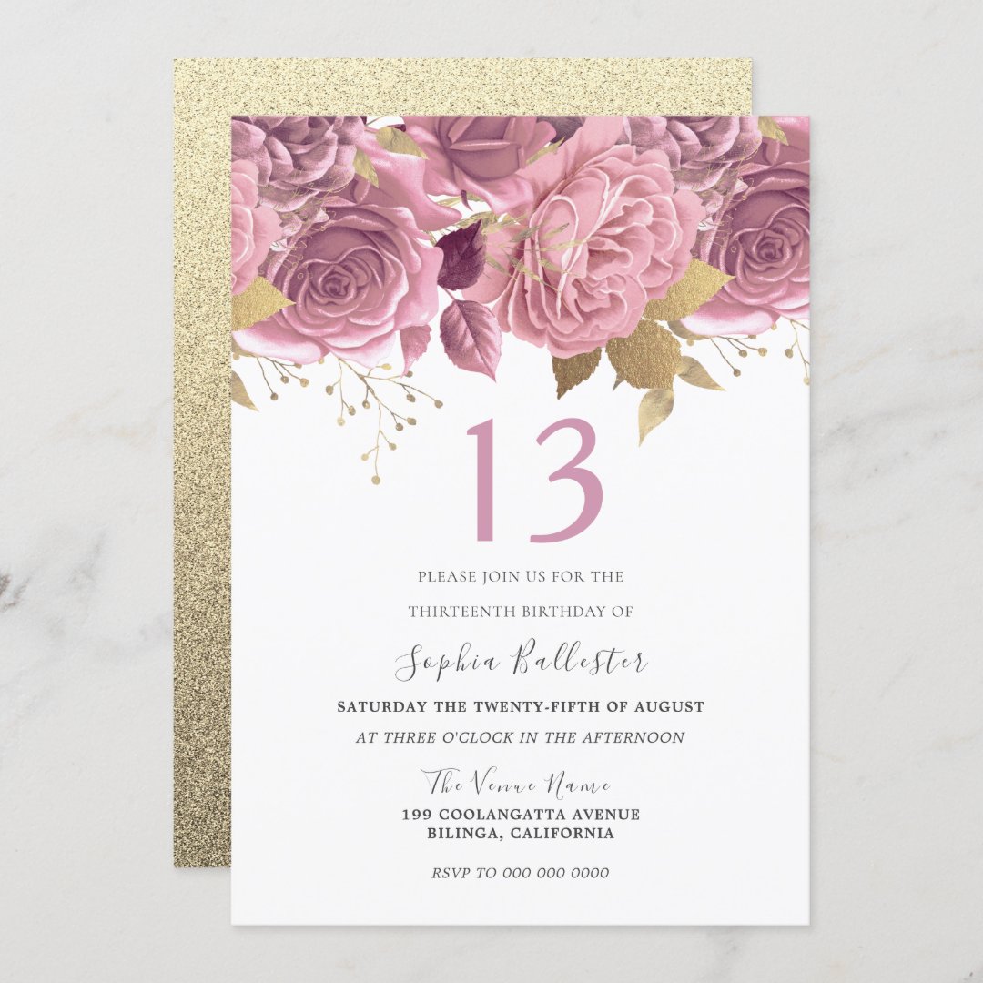 Blush Pink Gold Flowers Girls 13th Birthday Party Invitation | Zazzle