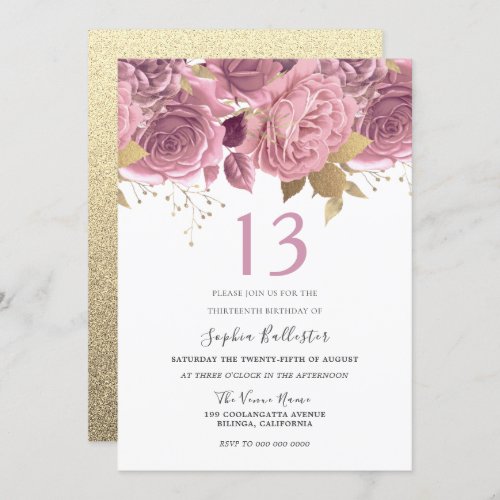 Blush Pink Gold Flowers Girls 13th Birthday Party Invitation