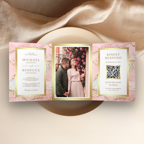 Blush Pink Gold Foil Agate Marble QR Code Wedding Tri_Fold Invitation