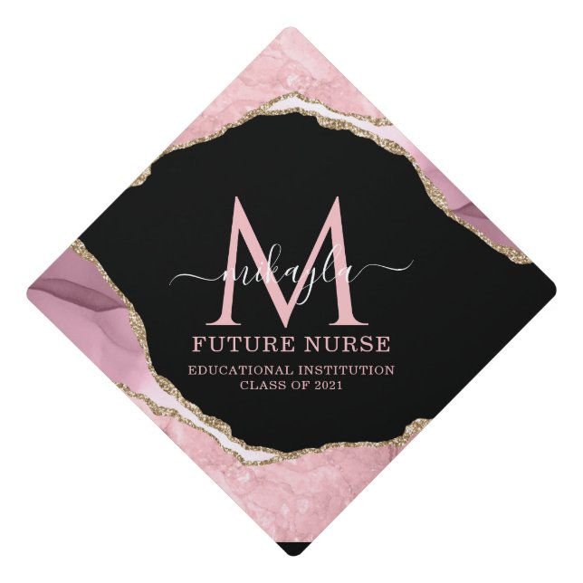 Blush Pink Gold Foil Monogram Marble Future Nurse Graduation Cap Topper (Front)