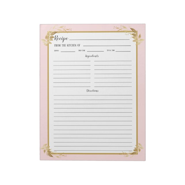 Blush Pink Gold Foliage Recipe Binder Notepad (Rotated)