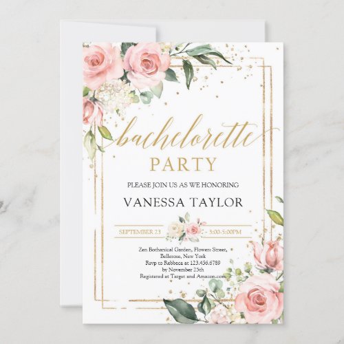Blush pink gold frame boho bachelorette party invitation