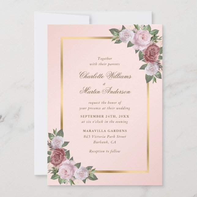 Blush Pink Gold Frame Floral Wedding Invitation (Front)