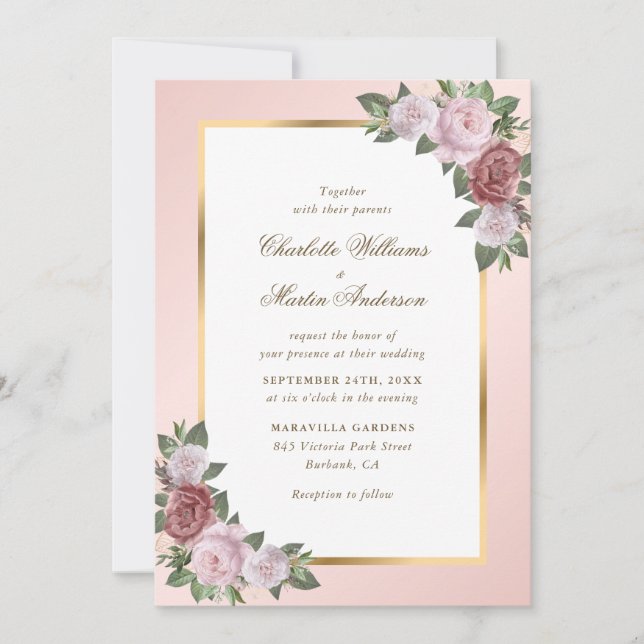 Blush Pink Gold Frame Floral Wedding Invitation (Front)