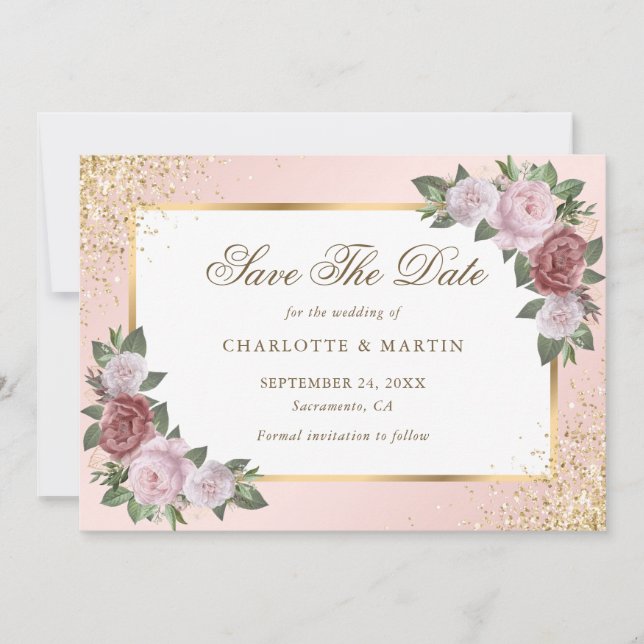 Blush Pink Gold Frame Floral Wedding Save The Date (Front)