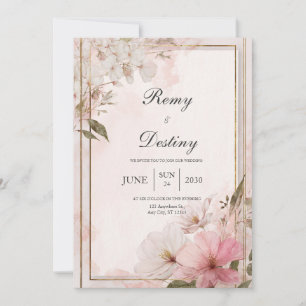 Blush Pink Gold Frame Watercolor Floral Wedding Invitation