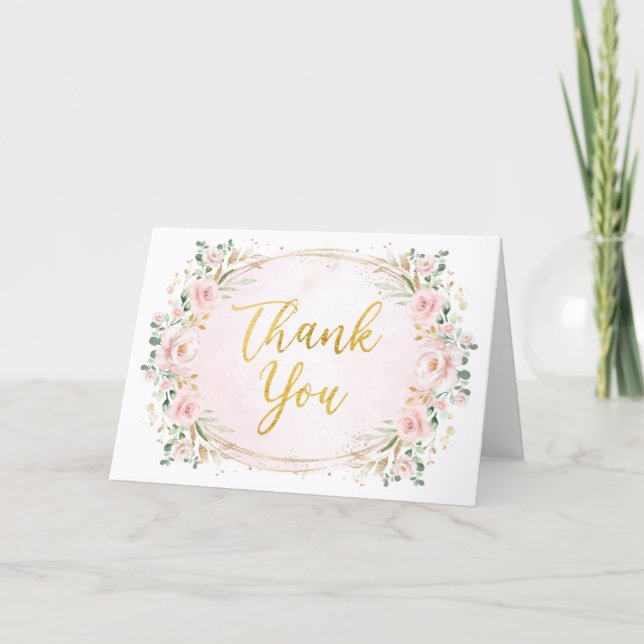 Blush Pink Gold Garden Flowers Wedding Thank You Card (Front)