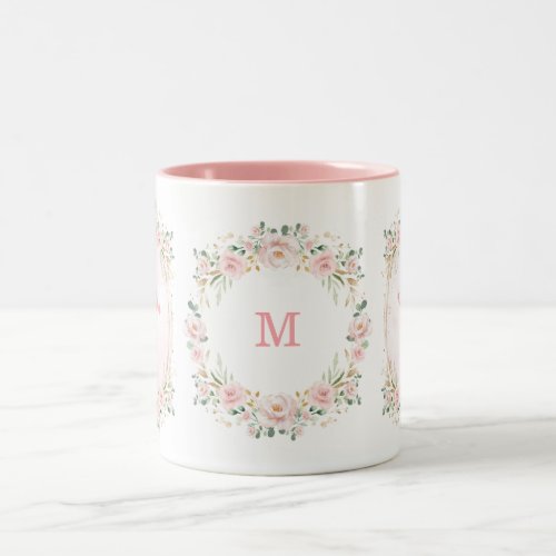 Blush Pink Gold Garden Flowers Wreath Monogram Two_Tone Coffee Mug