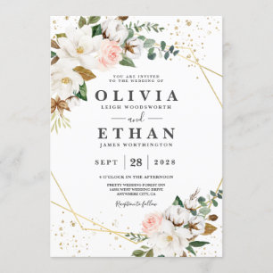 Blush Pink Gold Geometric and White Magnolia Flora Invitation
