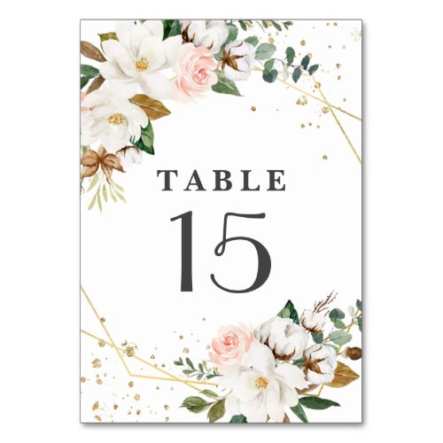 Blush Pink Gold Geometric and White Magnolia Flora Table Number