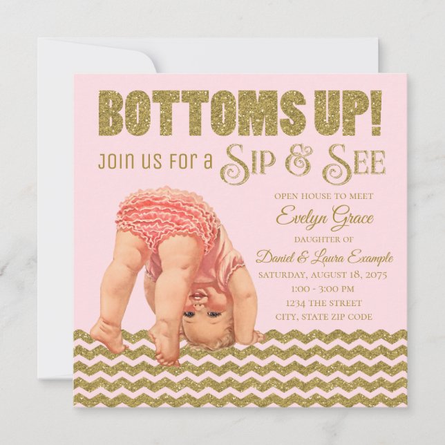 Blush Pink Gold Girls Sip and See Invitation (Front)