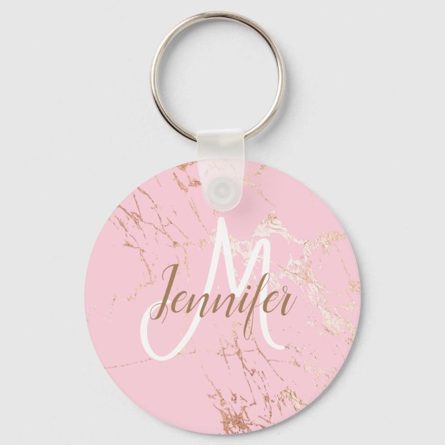 Blush Pink Gold girly Script Monogram Keychain (Front)
