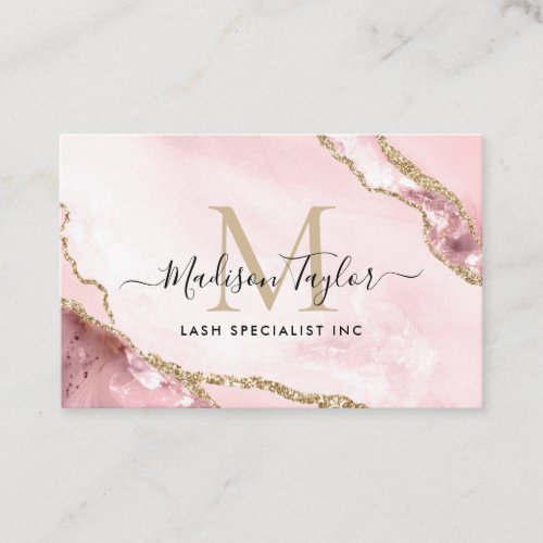 Blush Pink Gold Glam Glitter Marble Agate Monogram Business Card