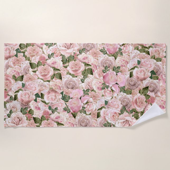 Blush Pink Gold Glam Vintage Roses Beach Towel (Front)