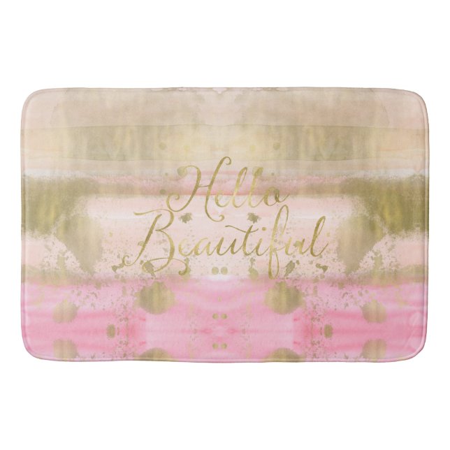 Blush Pink Gold Glam Watercolor Hello Beautiful Bathroom Mat (Front)