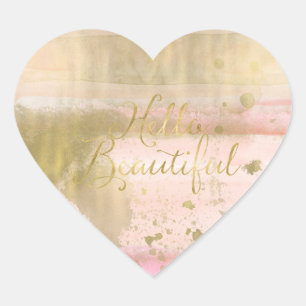 Blush Pink Gold Glam Watercolor Hello Beautiful Heart Sticker