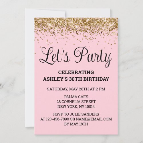 Blush Pink Gold Glitter 30th Birthday Lets Party Invitation