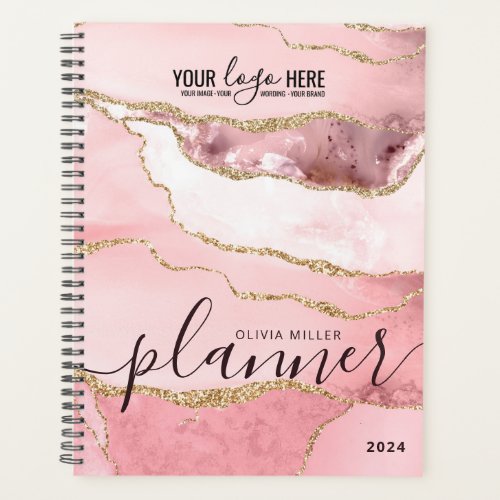 Blush Pink Gold Glitter Agate Business Logo 2024 Planner