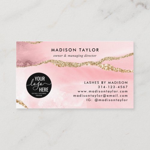 Blush Pink Gold Glitter Agate Custom Logo Monogram Business Card