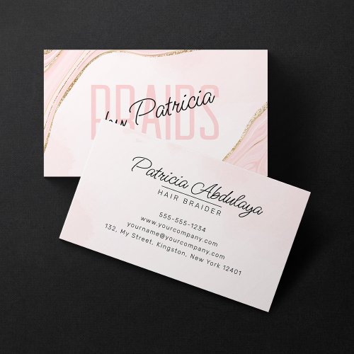 Blush Pink Gold Glitter Agate Hair Braider Business Card