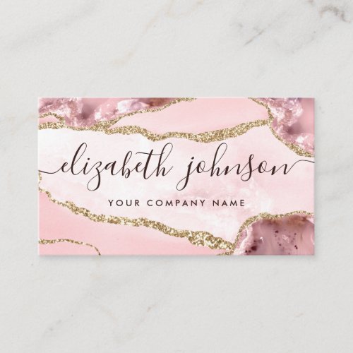 Blush Pink Gold Glitter Agate Marble Girly Script Business Card