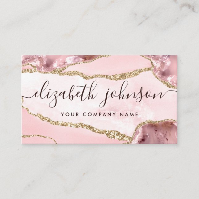 Blush Pink Gold Glitter Agate Marble Girly Script Business Card (Front)