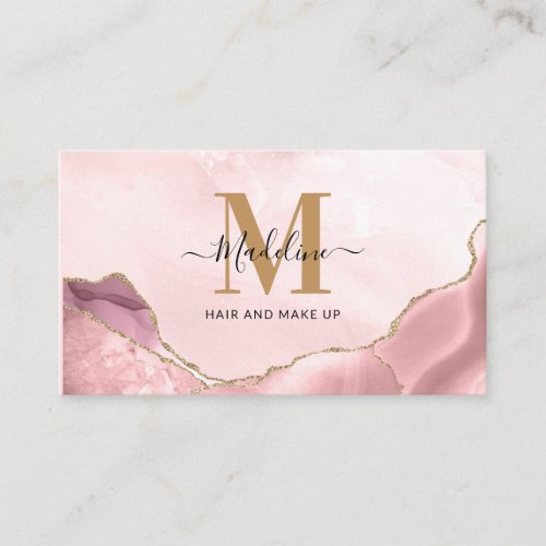 Blush Pink Gold Glitter Agate Marble Monogram Business Card