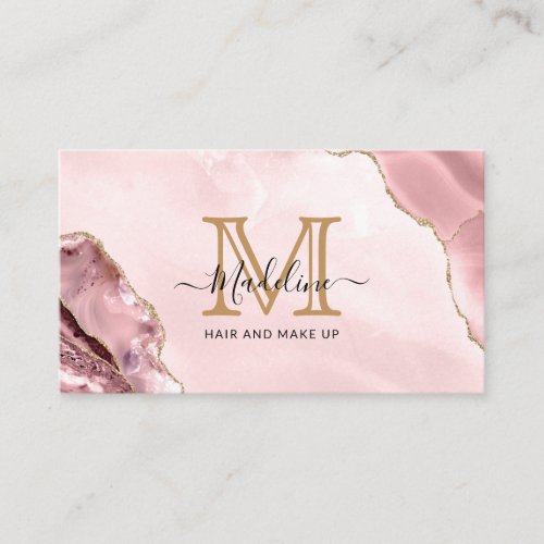 Blush Pink Gold Glitter Agate Marble Monogram Business Card