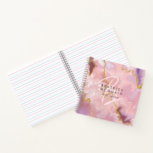 Blush Pink Gold Glitter Agate Monogram Business  Notebook