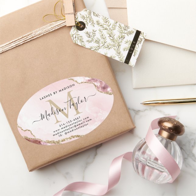 Blush Pink Gold Glitter Agate Monogram Business Oval Sticker (Gifting)