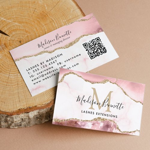 Blush Pink Gold Glitter Agate Monogram QR Code Business Card