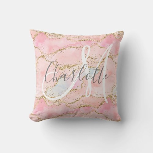 Blush pink gold glitter agate monogram throw pillow