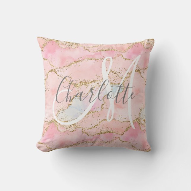 Blush pink gold glitter agate monogram throw pillow (Front)