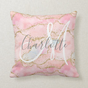 Blush pink gold glitter agate monogram throw pillow