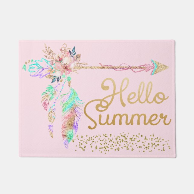 Blush Pink Gold Glitter Boho Feather Hello Summer Doormat (Front)