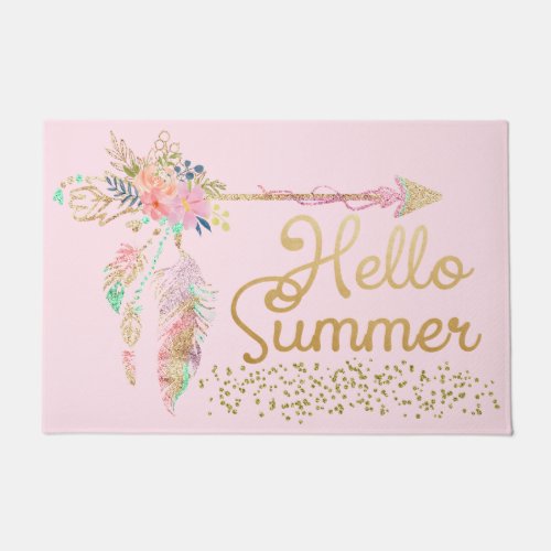 Blush Pink Gold Glitter Boho Feather Hello Summer Doormat