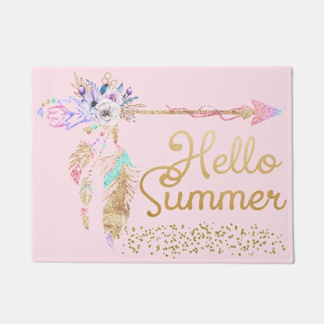 Blush Pink Gold Glitter Boho Feather Hello Summer Doormat (Front)
