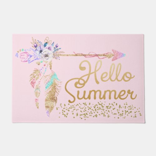 Blush Pink Gold Glitter Boho Feather Hello Summer Doormat