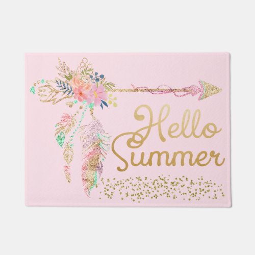 Blush Pink Gold Glitter Boho Feather Hello Summer Doormat