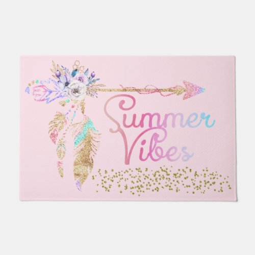 Blush Pink Gold Glitter Boho Feather Summer Vibes Doormat