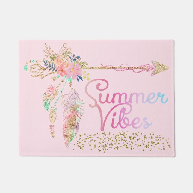 Blush Pink Gold Glitter Boho Feather Summer Vibes Doormat (Front)