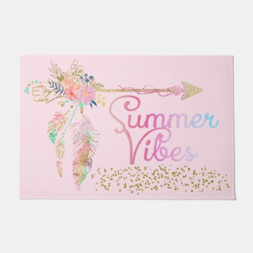 Blush Pink Gold Glitter Boho Feather Summer Vibes Doormat