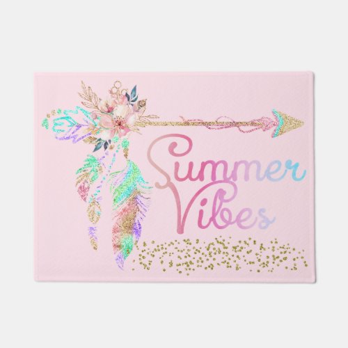 Blush Pink Gold Glitter Boho Feather Summer Vibes Doormat