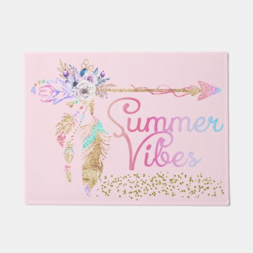 Blush Pink Gold Glitter Boho Feather Summer Vibes Doormat